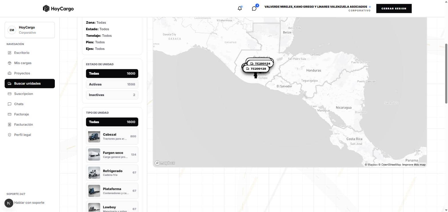 Directorio de unidades de HoyCargo en vista de mapa con búsqueda por origen y destino en Guatemala