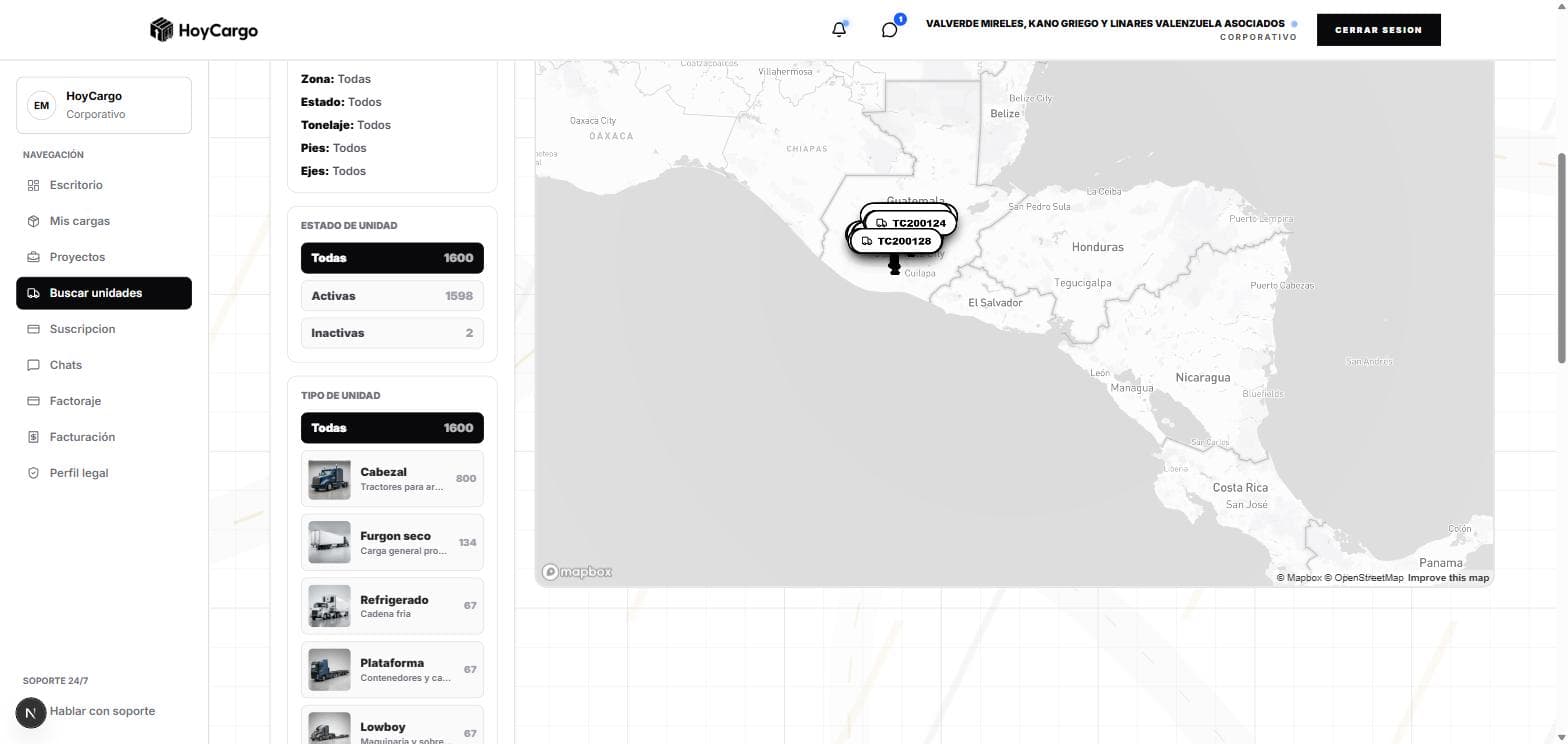 Directorio de unidades de HoyCargo en vista de mapa con búsqueda por origen y destino en Guatemala