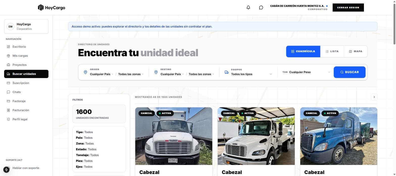 Directorio de unidades de HoyCargo con 1,600 unidades verificadas y filtros por origen, destino y equipo