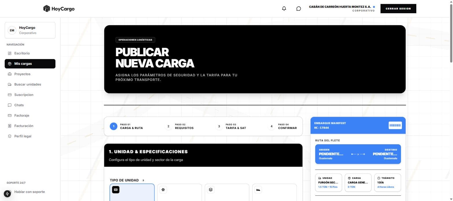 Formulario de publicación de carga en HoyCargo con pasos de ruta, requisitos y tarifa