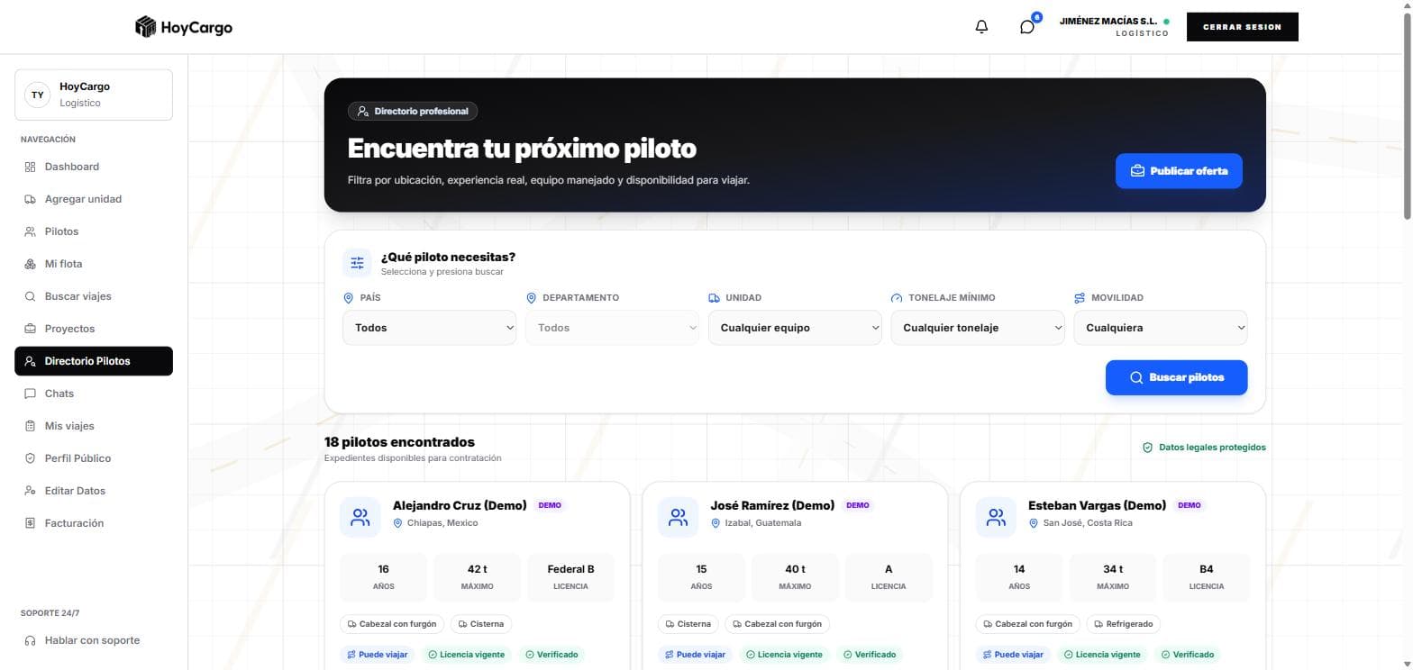 Directorio de pilotos de HoyCargo con perfiles verificados, licencia vigente y filtros de búsqueda
