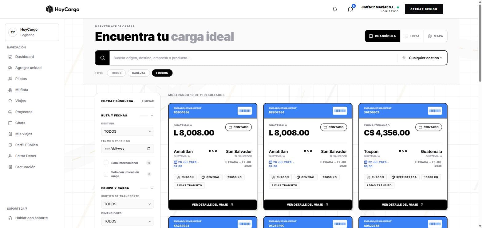 Marketplace de HoyCargo con filtro por tipo de unidad aplicado y resultados actualizados