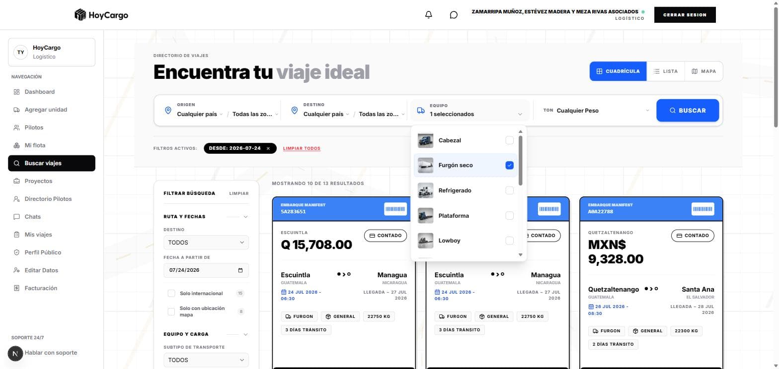 Marketplace de cargas de HoyCargo con búsqueda por destino y tipo de unidad, y viajes en quetzales, pesos mexicanos y otras monedas