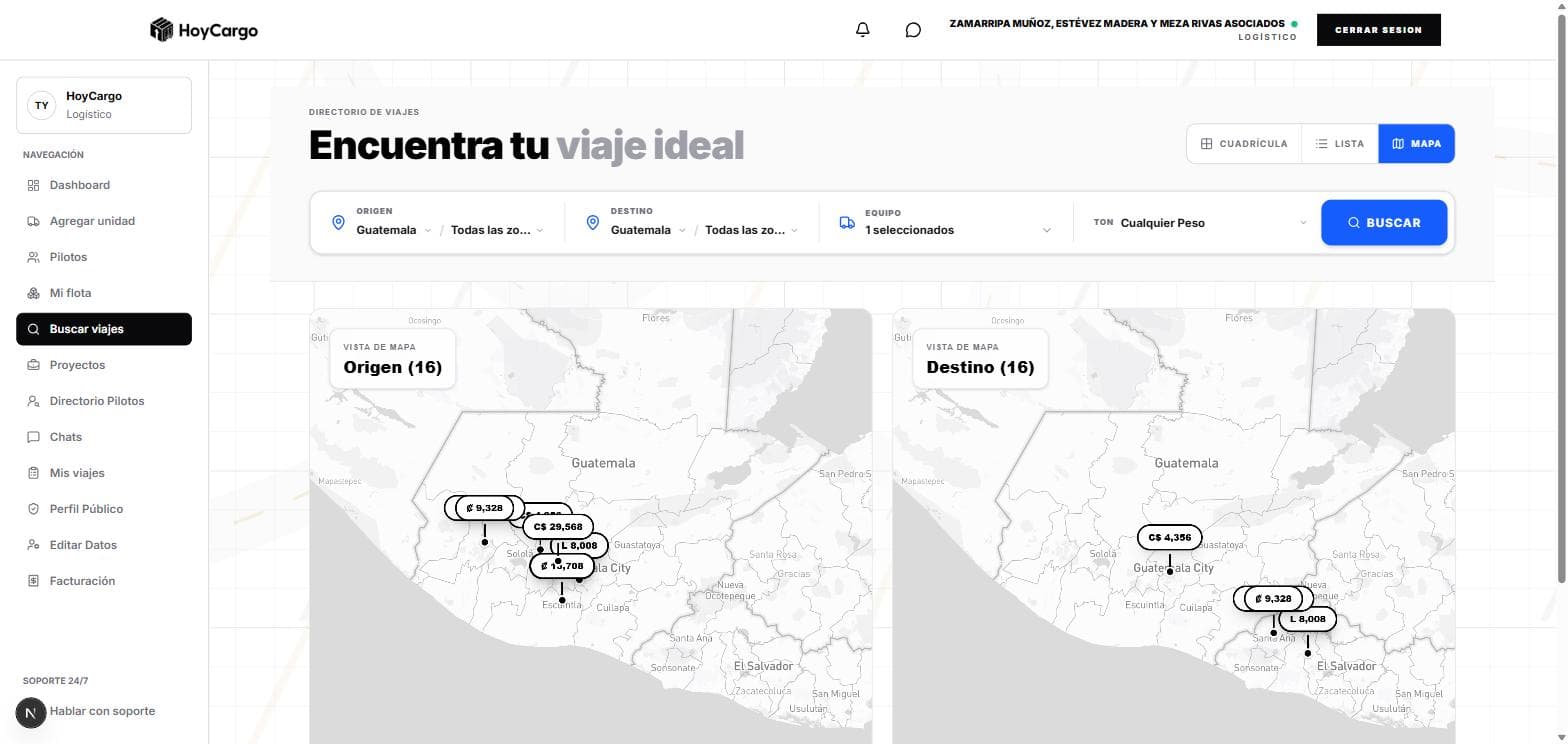 Marketplace de viajes de HoyCargo en vista de mapa con búsqueda por origen y destino en Guatemala