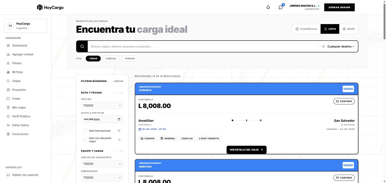 Marketplace de HoyCargo: listado de viajes con origen, destino, precio y forma de pago